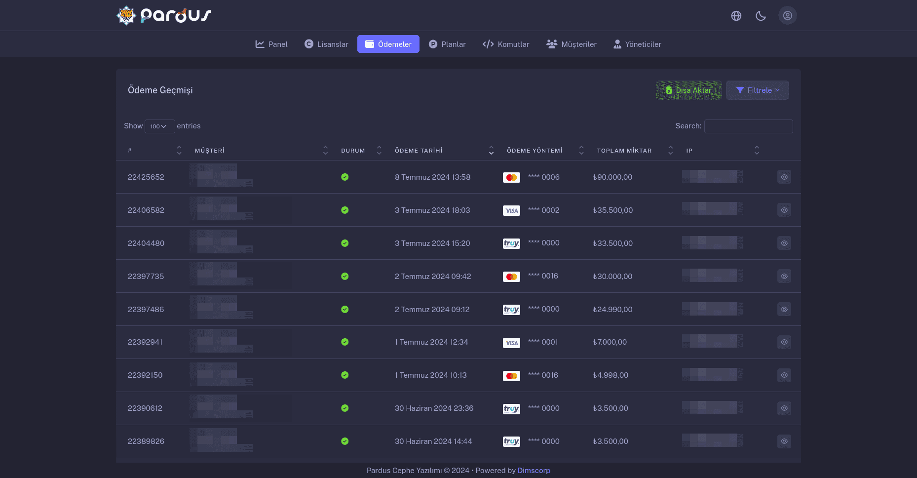Pardus Lisans Yönetim Ödeme Geçmişi