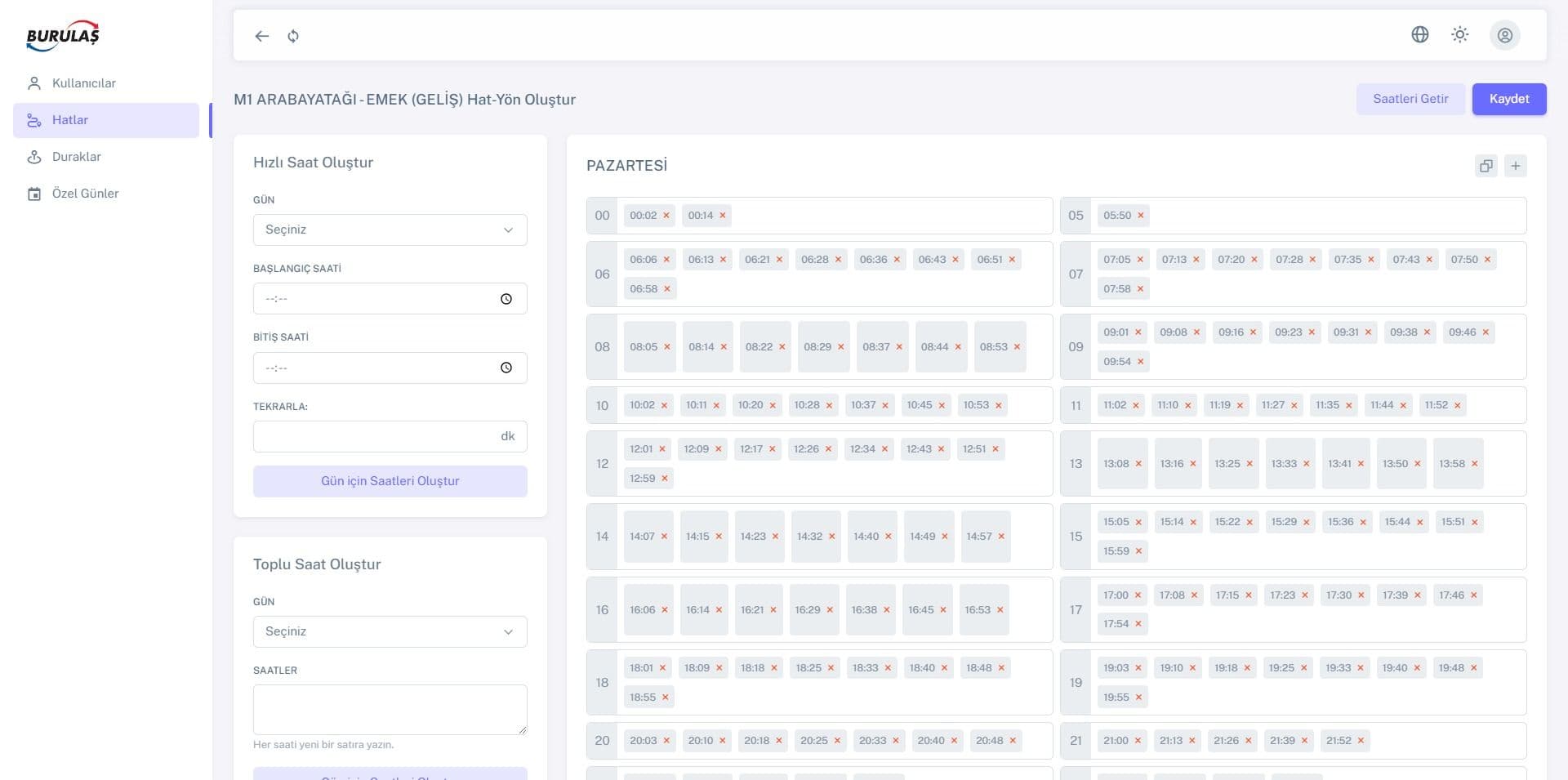 Burulaş Sefer Saati Yönetme Uygulaması
