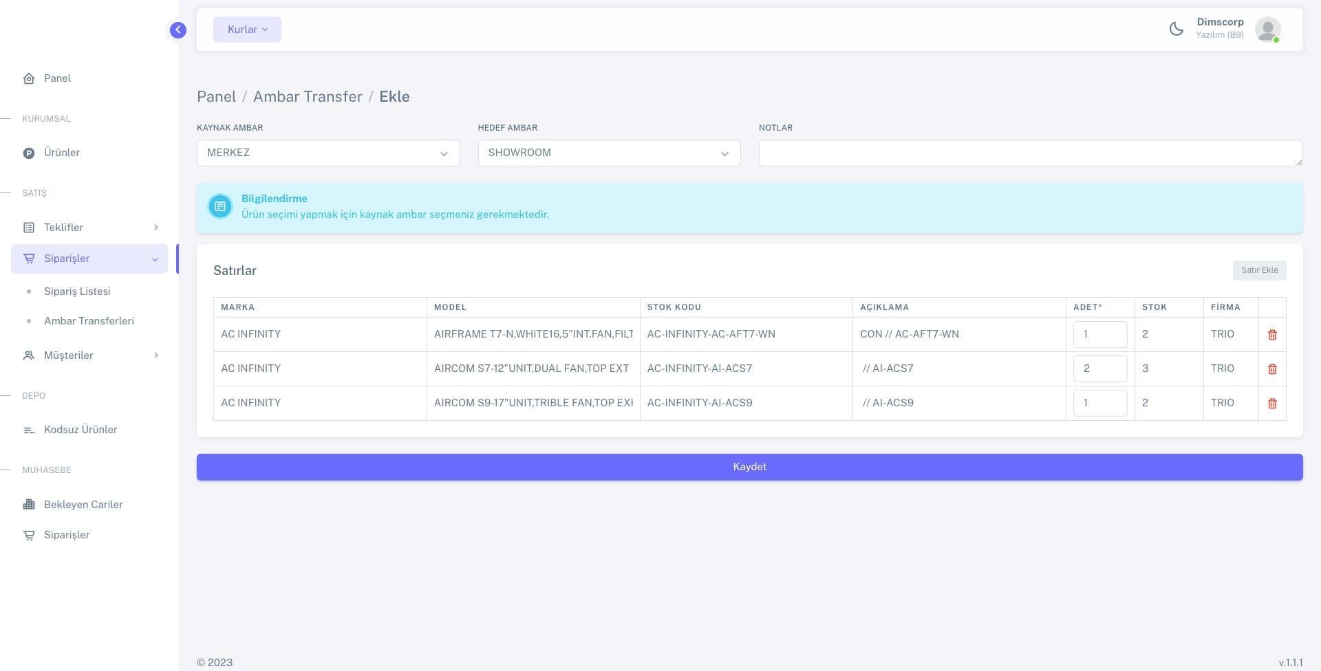 ERP / Sipariş / Ambar Transfer Ekleme